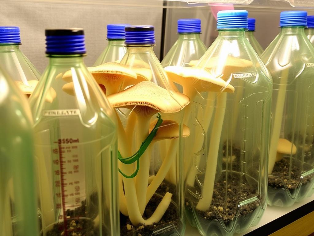 Cultivo de setas en botellas de plástico recicladas. Condiciones de luz, humedad y aireación